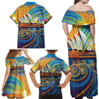 Sydney Opera House Family Matching Off Shoulder Maxi Dress and Hawaiian Shirt Aboriginal Dot Painting