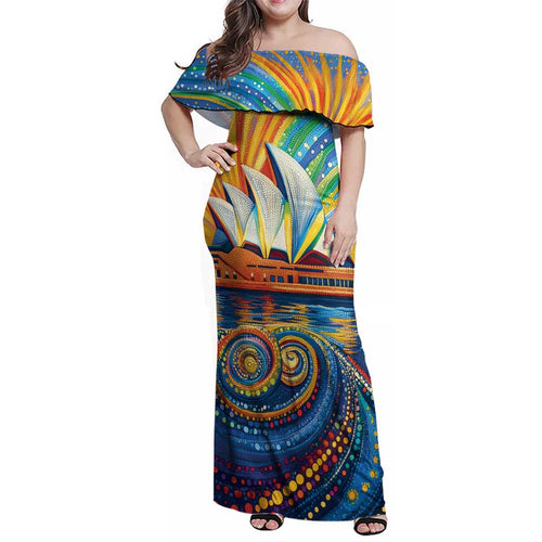 Sydney Opera House Family Matching Off Shoulder Maxi Dress and Hawaiian Shirt Aboriginal Dot Painting