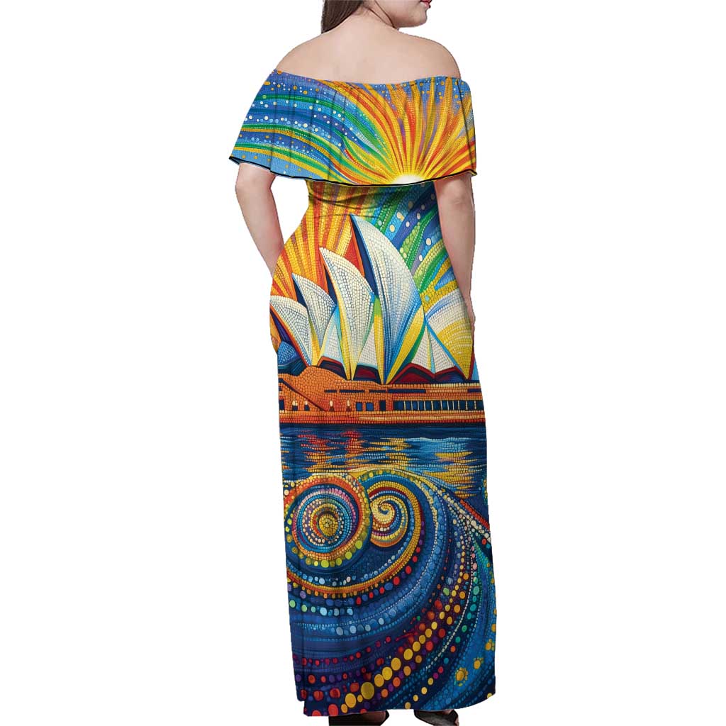 Sydney Opera House Family Matching Off Shoulder Maxi Dress and Hawaiian Shirt Aboriginal Dot Painting