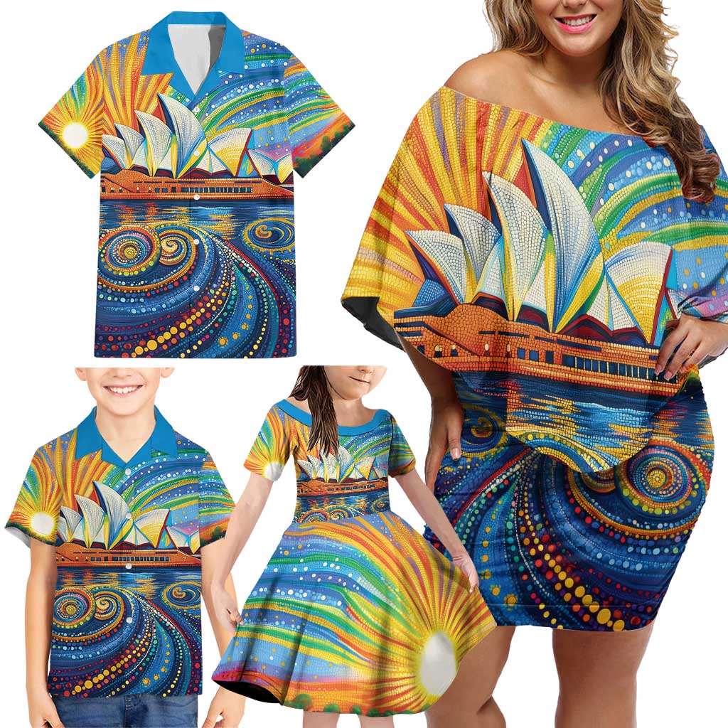Sydney Opera House Family Matching Off Shoulder Short Dress and Hawaiian Shirt Aboriginal Dot Painting