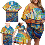 Sydney Opera House Family Matching Off Shoulder Short Dress and Hawaiian Shirt Aboriginal Dot Painting