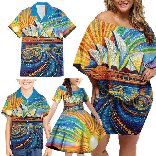 Sydney Opera House Family Matching Off Shoulder Short Dress and Hawaiian Shirt Aboriginal Dot Painting