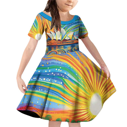 Sydney Opera House Family Matching Off Shoulder Short Dress and Hawaiian Shirt Aboriginal Dot Painting