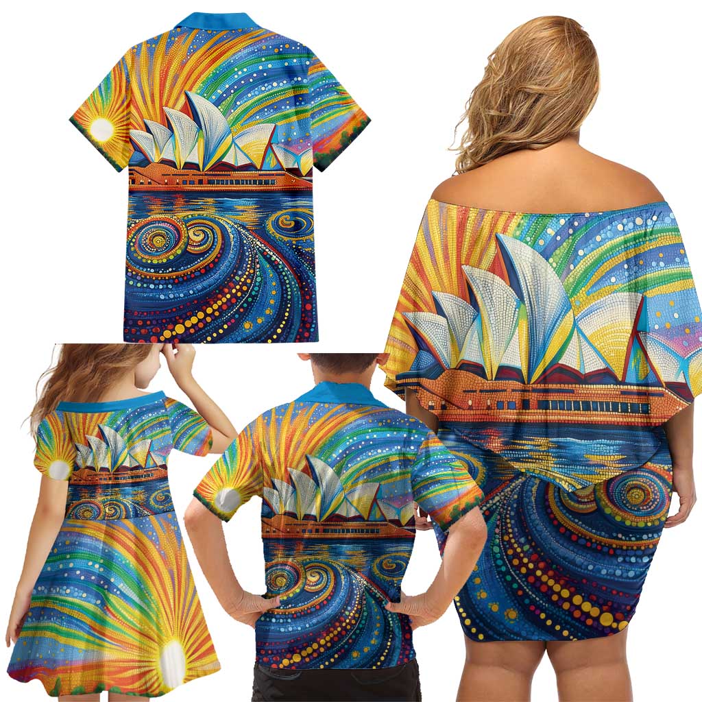 Sydney Opera House Family Matching Off Shoulder Short Dress and Hawaiian Shirt Aboriginal Dot Painting