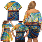 Sydney Opera House Family Matching Off Shoulder Short Dress and Hawaiian Shirt Aboriginal Dot Painting