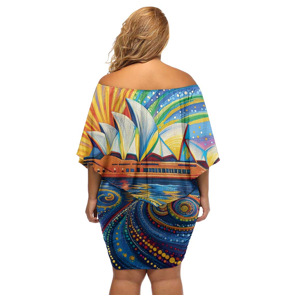 Sydney Opera House Family Matching Off Shoulder Short Dress and Hawaiian Shirt Aboriginal Dot Painting
