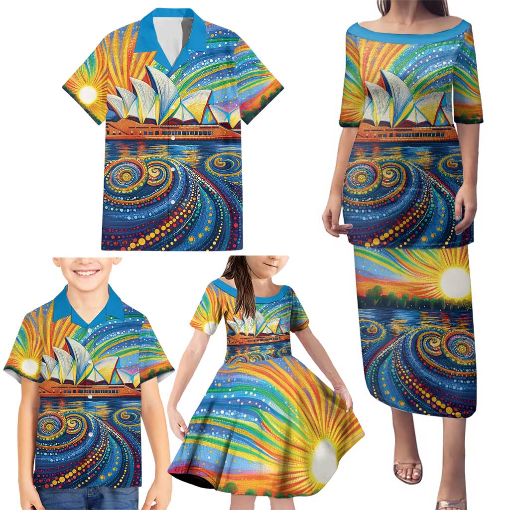 Sydney Opera House Family Matching Puletasi and Hawaiian Shirt Aboriginal Dot Painting
