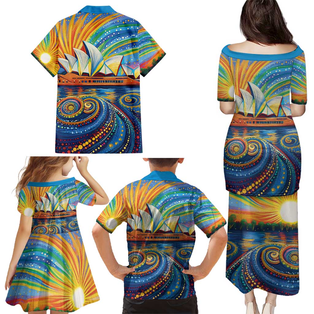 Sydney Opera House Family Matching Puletasi and Hawaiian Shirt Aboriginal Dot Painting