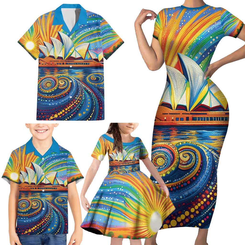 Sydney Opera House Family Matching Short Sleeve Bodycon Dress and Hawaiian Shirt Aboriginal Dot Painting