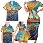 Sydney Opera House Family Matching Short Sleeve Bodycon Dress and Hawaiian Shirt Aboriginal Dot Painting