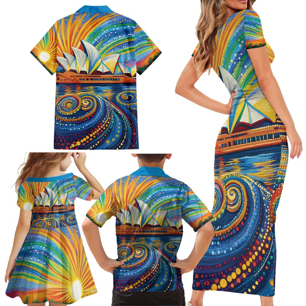 Sydney Opera House Family Matching Short Sleeve Bodycon Dress and Hawaiian Shirt Aboriginal Dot Painting
