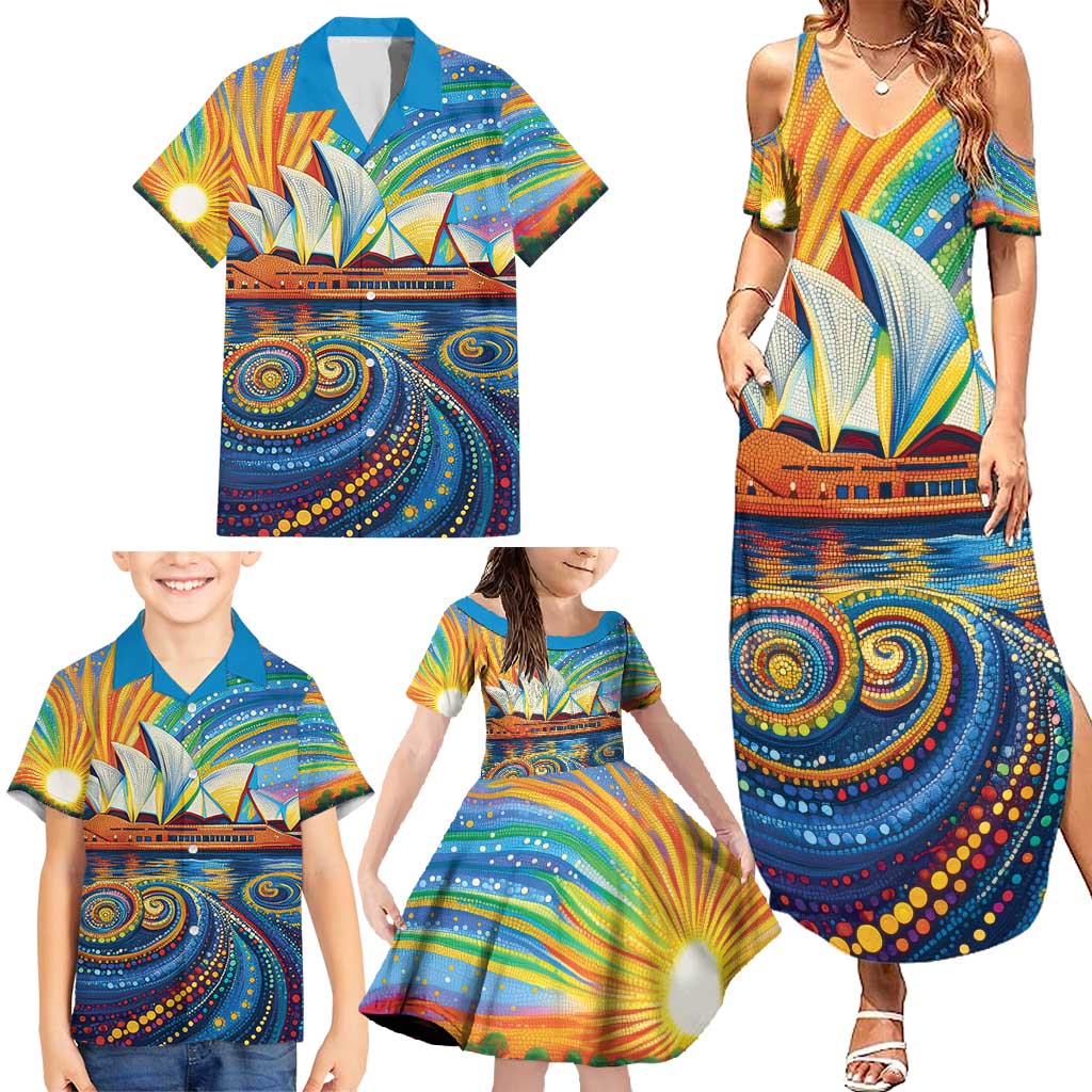 Sydney Opera House Family Matching Summer Maxi Dress and Hawaiian Shirt Aboriginal Dot Painting