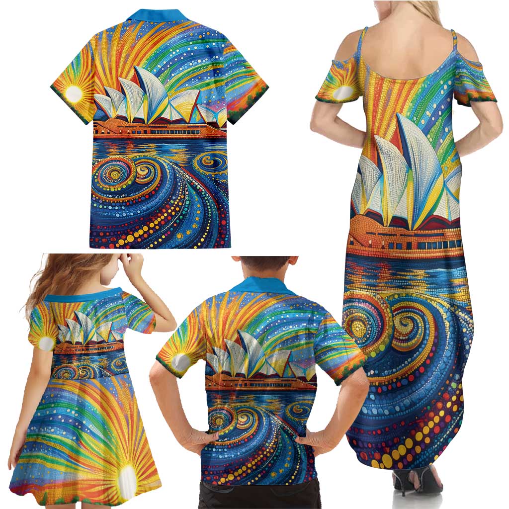 Sydney Opera House Family Matching Summer Maxi Dress and Hawaiian Shirt Aboriginal Dot Painting
