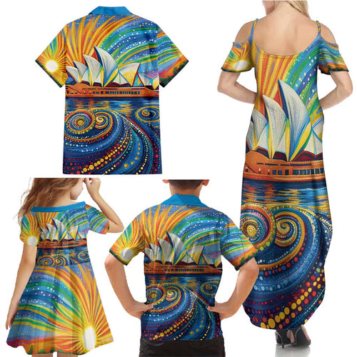 Sydney Opera House Family Matching Summer Maxi Dress and Hawaiian Shirt Aboriginal Dot Painting