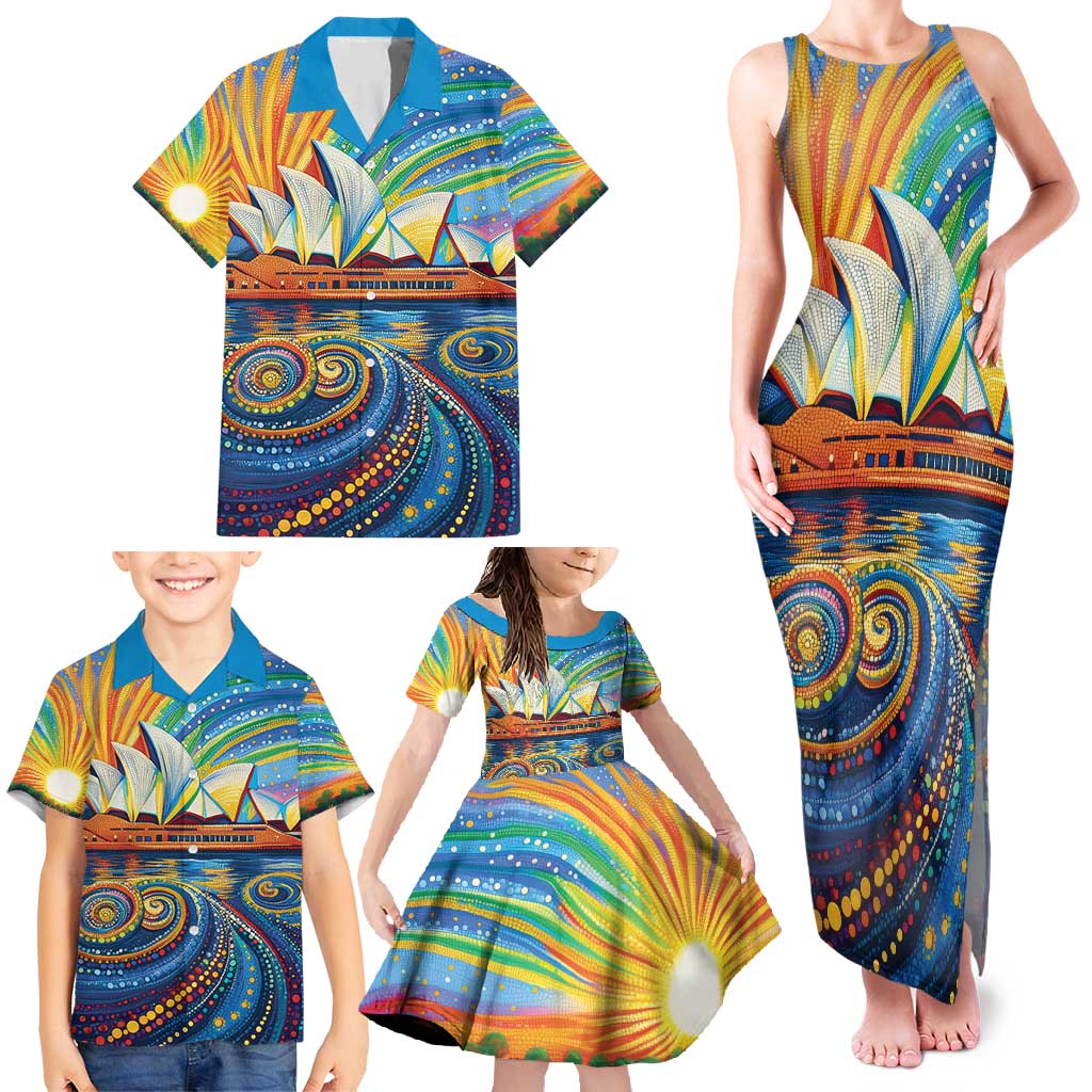 Sydney Opera House Family Matching Tank Maxi Dress and Hawaiian Shirt Aboriginal Dot Painting