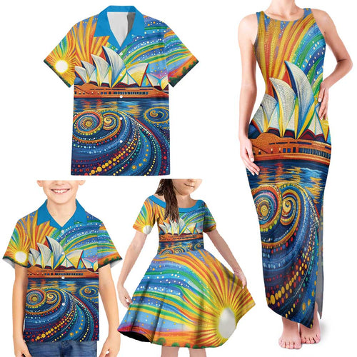 Sydney Opera House Family Matching Tank Maxi Dress and Hawaiian Shirt Aboriginal Dot Painting