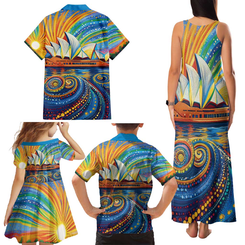 Sydney Opera House Family Matching Tank Maxi Dress and Hawaiian Shirt Aboriginal Dot Painting