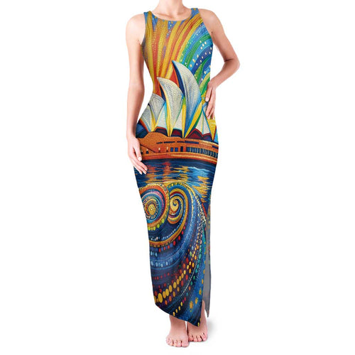 Sydney Opera House Family Matching Tank Maxi Dress and Hawaiian Shirt Aboriginal Dot Painting