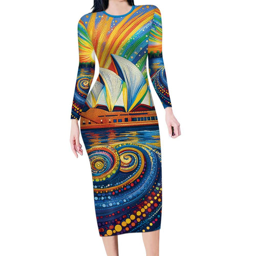 Sydney Opera House Long Sleeve Bodycon Dress Aboriginal Dot Painting