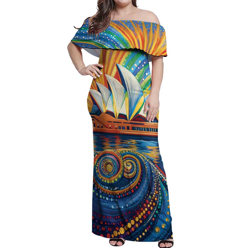 Sydney Opera House Off Shoulder Maxi Dress Aboriginal Dot Painting