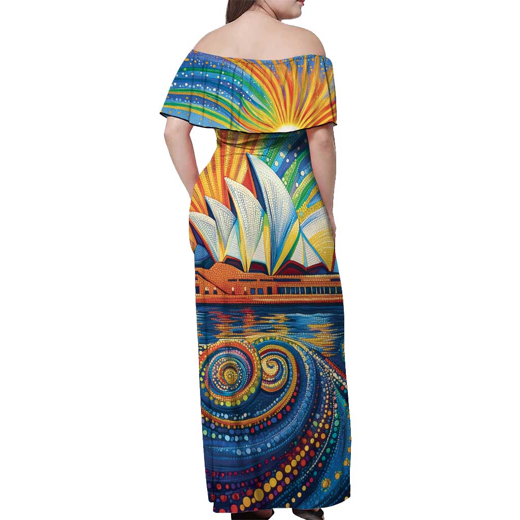 Sydney Opera House Off Shoulder Maxi Dress Aboriginal Dot Painting
