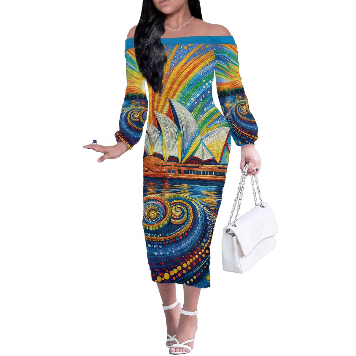 Sydney Opera House Off The Shoulder Long Sleeve Dress Aboriginal Dot Painting