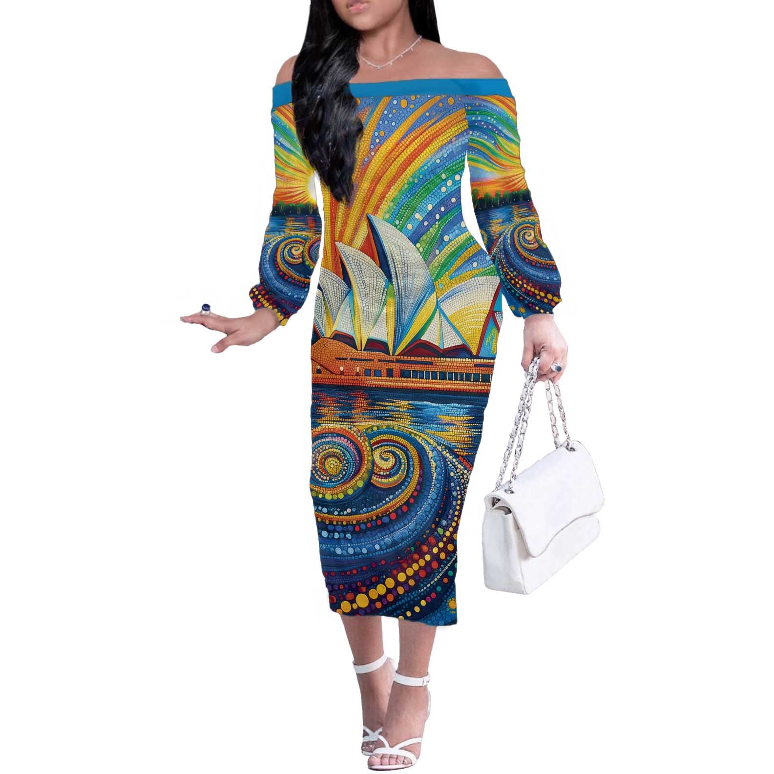 Sydney Opera House Off The Shoulder Long Sleeve Dress Aboriginal Dot Painting