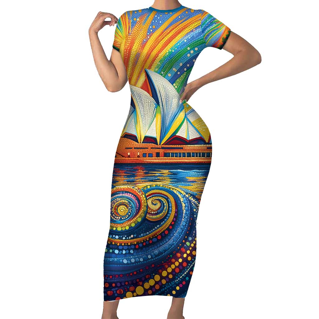 Sydney Opera House Short Sleeve Bodycon Dress Aboriginal Dot Painting
