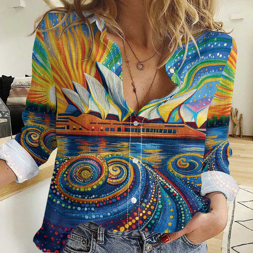 Sydney Opera House Women Casual Shirt Aboriginal Dot Painting