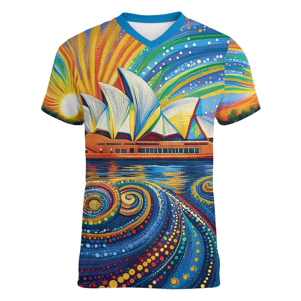 Sydney Opera House Women V-Neck T-Shirt Aboriginal Dot Painting