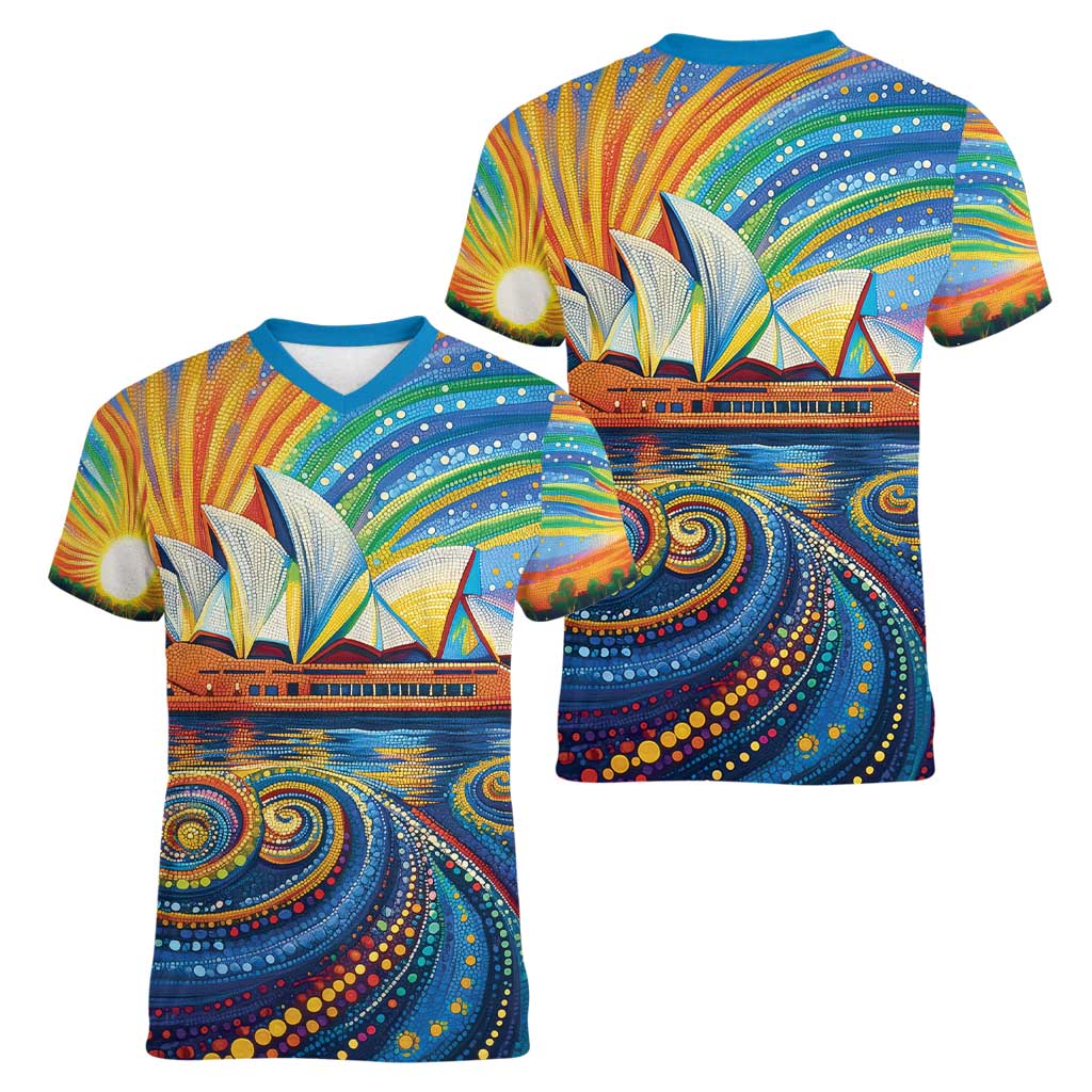 Sydney Opera House Women V-Neck T-Shirt Aboriginal Dot Painting