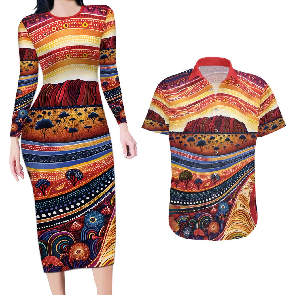 Uluru Ayers Rock Sunset Couples Matching Long Sleeve Bodycon Dress and Hawaiian Shirt Aboriginal Dot Painting