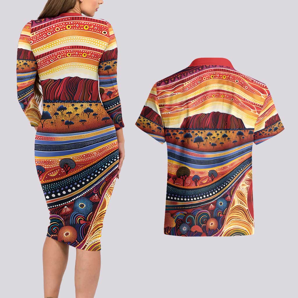 Uluru Ayers Rock Sunset Couples Matching Long Sleeve Bodycon Dress and Hawaiian Shirt Aboriginal Dot Painting