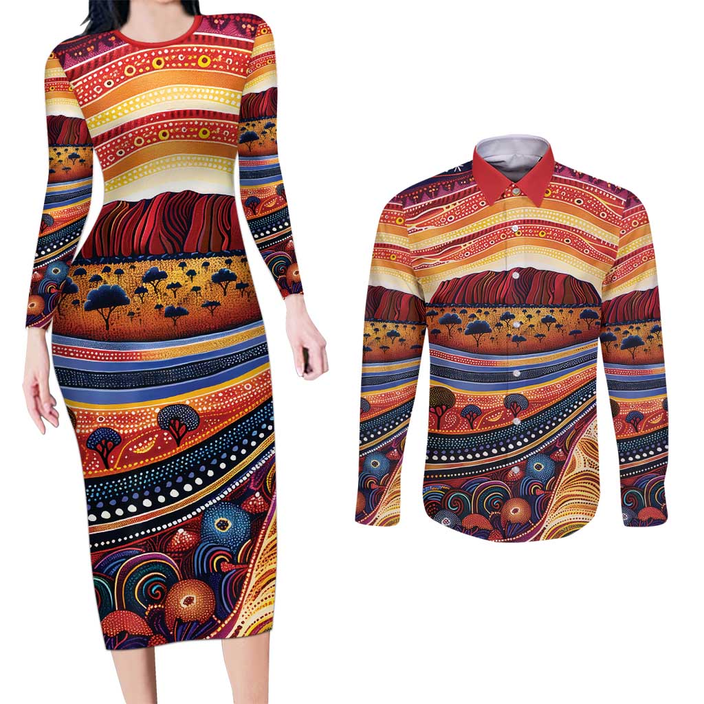 Uluru Ayers Rock Sunset Couples Matching Long Sleeve Bodycon Dress and Long Sleeve Button Shirt Aboriginal Dot Painting
