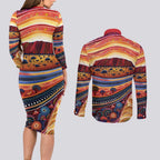 Uluru Ayers Rock Sunset Couples Matching Long Sleeve Bodycon Dress and Long Sleeve Button Shirt Aboriginal Dot Painting