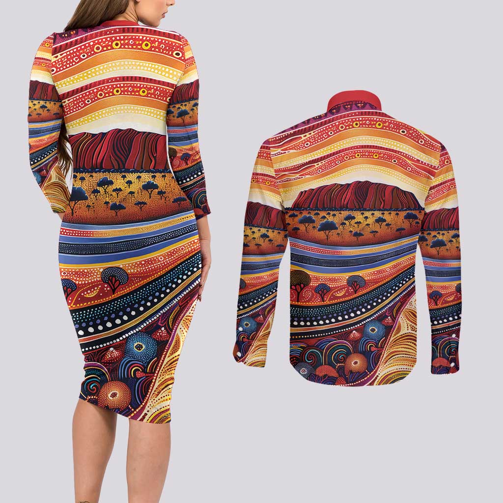 Uluru Ayers Rock Sunset Couples Matching Long Sleeve Bodycon Dress and Long Sleeve Button Shirt Aboriginal Dot Painting