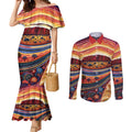 Uluru Ayers Rock Sunset Couples Matching Mermaid Dress and Long Sleeve Button Shirt Aboriginal Dot Painting