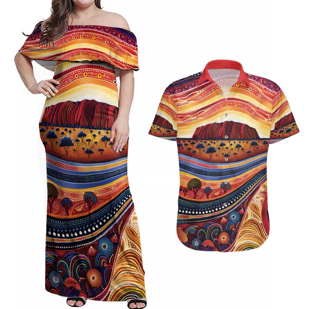 Uluru Ayers Rock Sunset Couples Matching Off Shoulder Maxi Dress and Hawaiian Shirt Aboriginal Dot Painting
