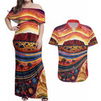Uluru Ayers Rock Sunset Couples Matching Off Shoulder Maxi Dress and Hawaiian Shirt Aboriginal Dot Painting