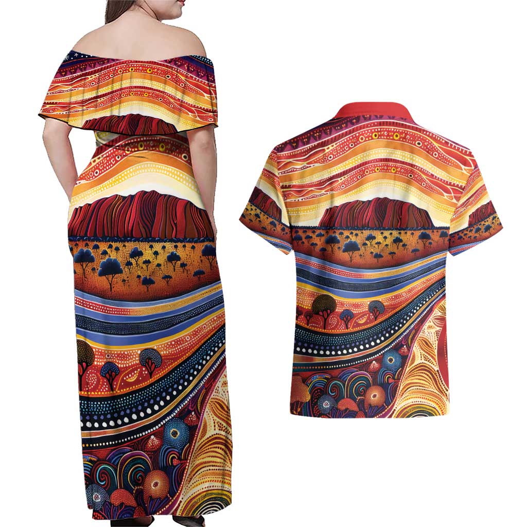 Uluru Ayers Rock Sunset Couples Matching Off Shoulder Maxi Dress and Hawaiian Shirt Aboriginal Dot Painting