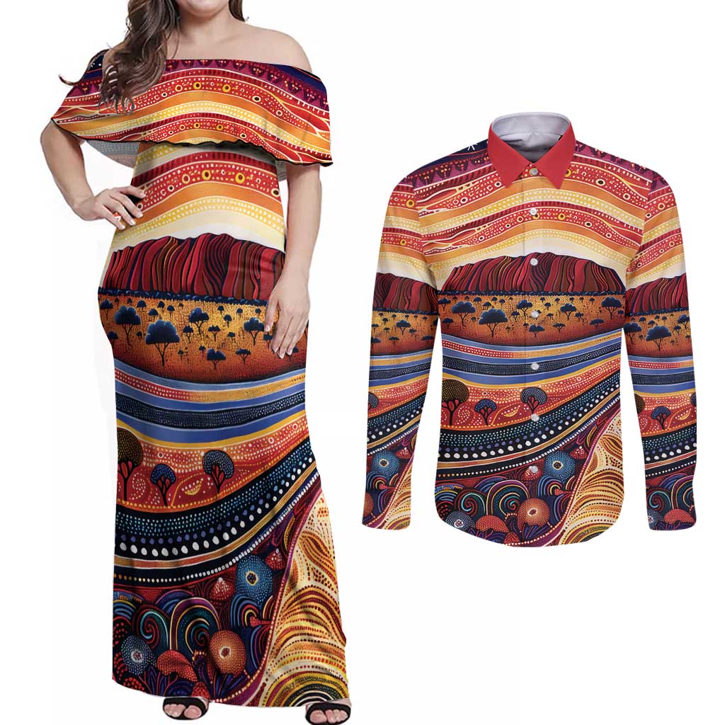 Uluru Ayers Rock Sunset Couples Matching Off Shoulder Maxi Dress and Long Sleeve Button Shirt Aboriginal Dot Painting