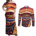 Uluru Ayers Rock Sunset Couples Matching Off Shoulder Maxi Dress and Long Sleeve Button Shirt Aboriginal Dot Painting