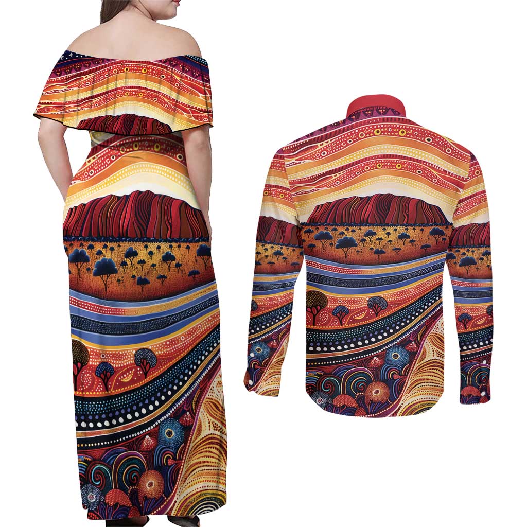 Uluru Ayers Rock Sunset Couples Matching Off Shoulder Maxi Dress and Long Sleeve Button Shirt Aboriginal Dot Painting
