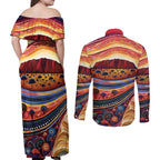 Uluru Ayers Rock Sunset Couples Matching Off Shoulder Maxi Dress and Long Sleeve Button Shirt Aboriginal Dot Painting