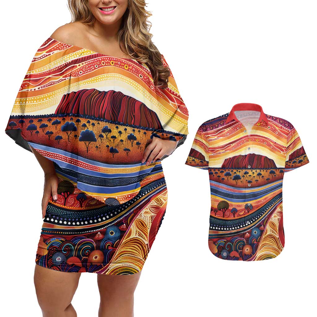 Uluru Ayers Rock Sunset Couples Matching Off Shoulder Short Dress and Hawaiian Shirt Aboriginal Dot Painting