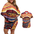 Uluru Ayers Rock Sunset Couples Matching Off Shoulder Short Dress and Hawaiian Shirt Aboriginal Dot Painting