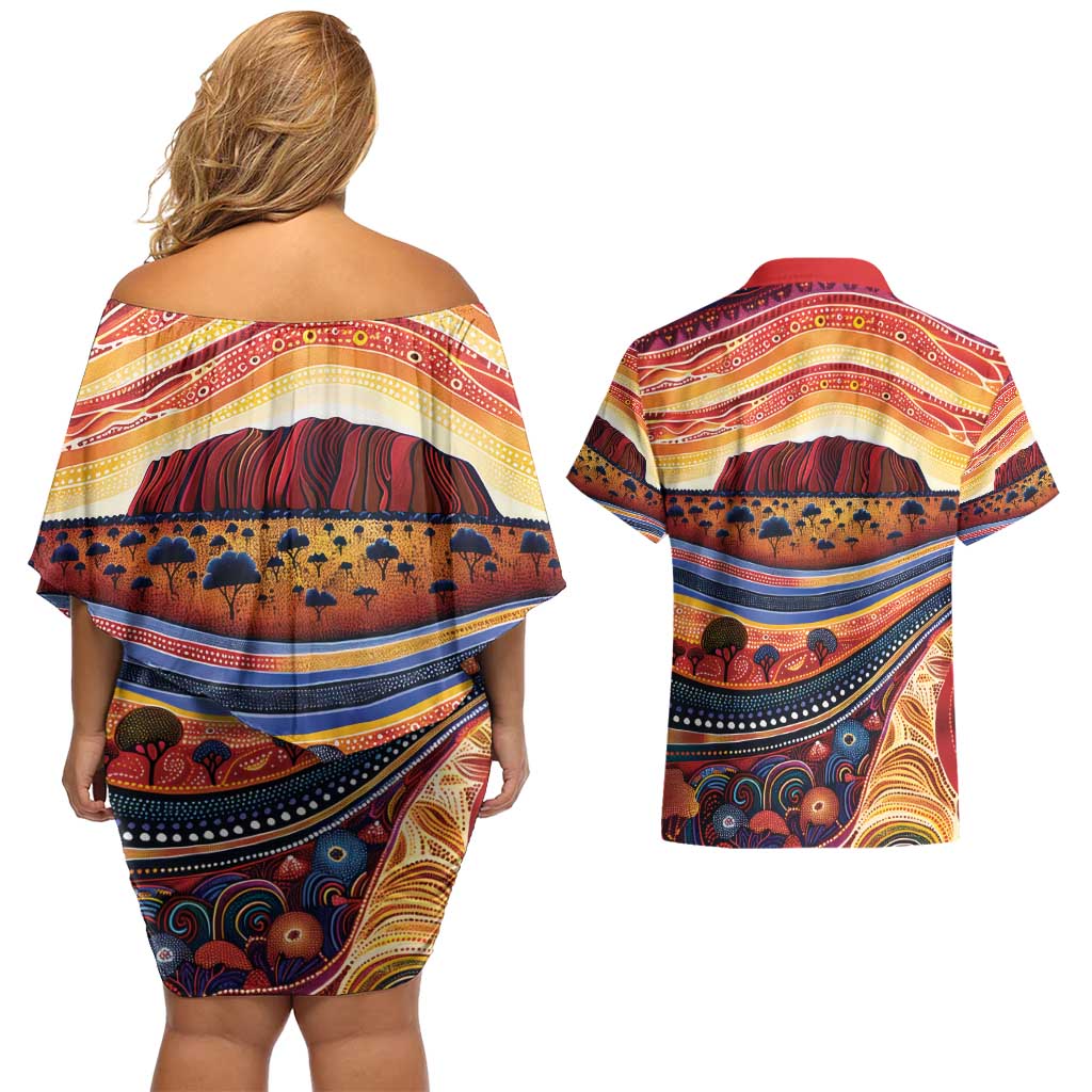 Uluru Ayers Rock Sunset Couples Matching Off Shoulder Short Dress and Hawaiian Shirt Aboriginal Dot Painting
