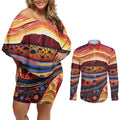 Uluru Ayers Rock Sunset Couples Matching Off Shoulder Short Dress and Long Sleeve Button Shirt Aboriginal Dot Painting