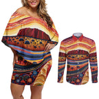 Uluru Ayers Rock Sunset Couples Matching Off Shoulder Short Dress and Long Sleeve Button Shirt Aboriginal Dot Painting