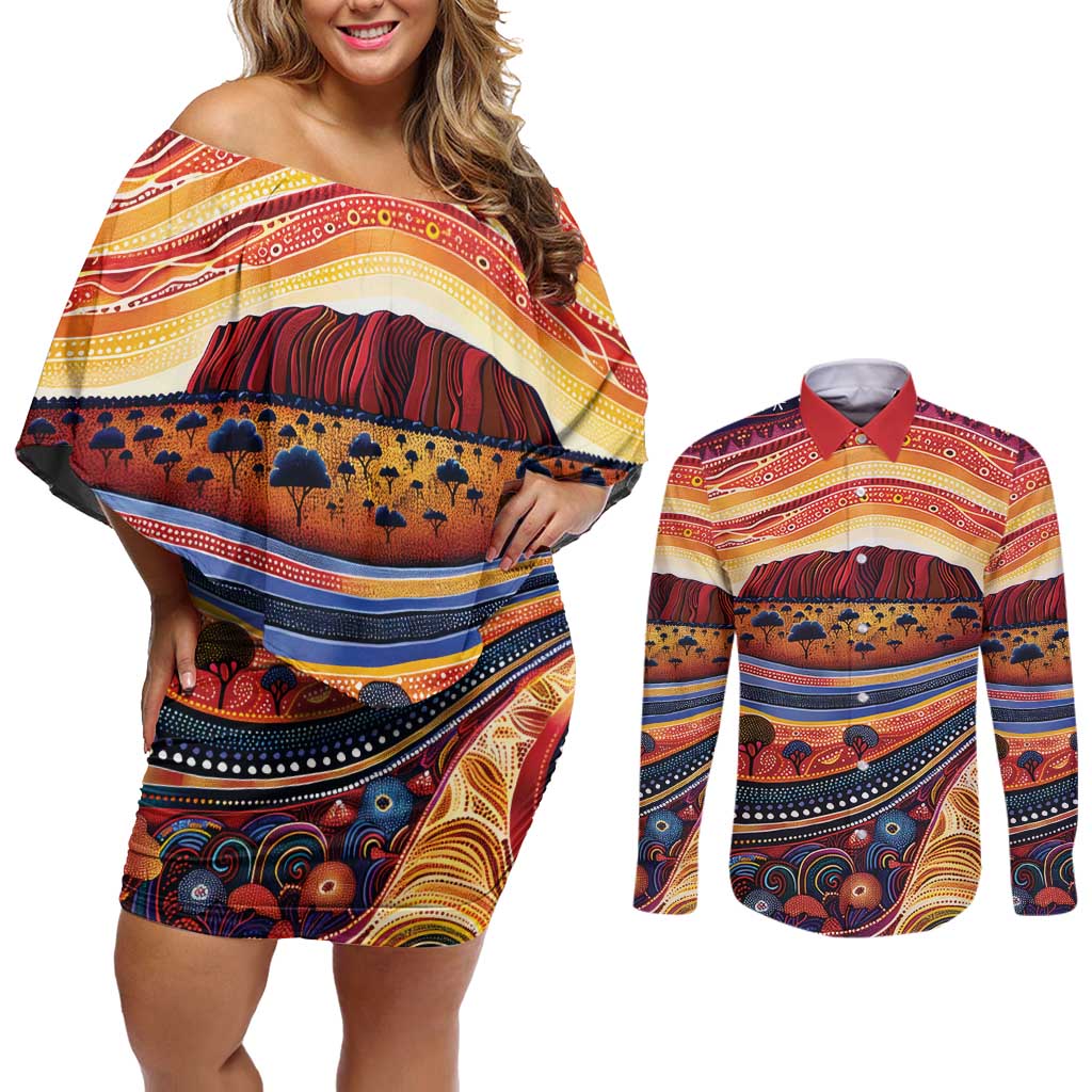 Uluru Ayers Rock Sunset Couples Matching Off Shoulder Short Dress and Long Sleeve Button Shirt Aboriginal Dot Painting